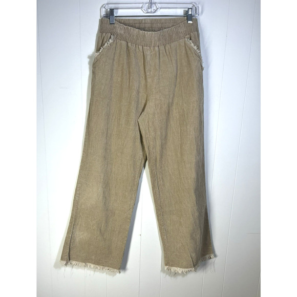 Umgee Pants - Umgee Wide Leg Frayed Hem Corduroy Pants Size Large Pull on Pockets Beige Boho